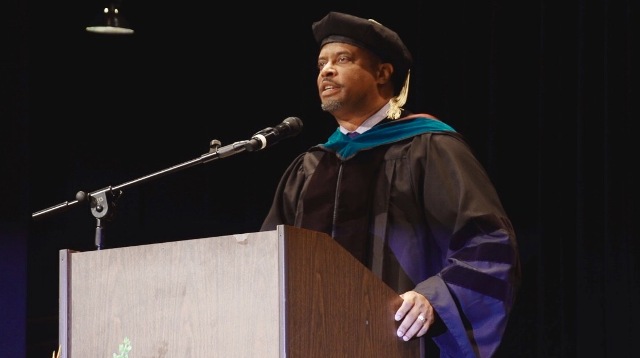 Deputy Premier of Nevis Hon. Mark Brantley delivering the commencement address at the graduation ceremony for students of the Medical University of the Americas and the Medical University of Saba at the Veterans Memorial Auditorium in Rhode Island on June 03, 2017